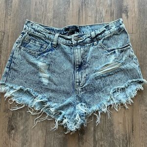 high waisted acid wash denim shorts